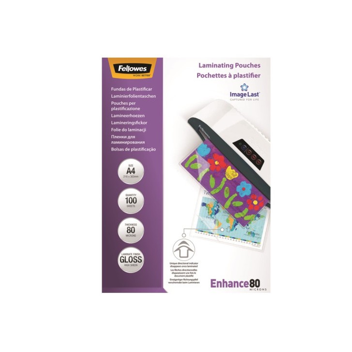 PACK 100 BOLSAS PLASTIFICACION 80 MICRAS A4 216X303 FELLOWES 5306114
