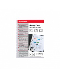 SET DE 100 FUNDAS MULTITALADRAS GLOSSY CLEAR, 60 MCM, A4, TRANSPARENTE ERICH KRAUSE 46703