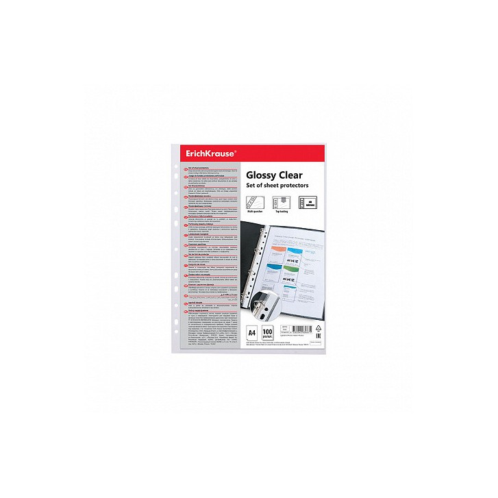 SET DE 100 FUNDAS MULTITALADRAS GLOSSY CLEAR, 60 MCM, A4, TRANSPARENTE ERICH KRAUSE 46703