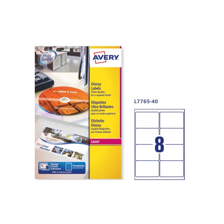 CAJA DE 40 HOJAS (8 ETIQXHOJA) ETIQUETAS BLANCAS BRILLANTES 99,1X67,7MM AVERY L7765-40