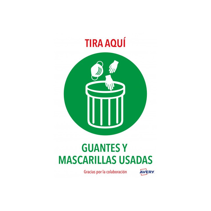 SEÑALES ADHESIVOS PREIMPRESO "TIRA AQUÍ GUANTES Y MASCARILLAS USADAS" SOBRE DE 2 HOJAS EN A4 AVERY AV_KITCOVID7_ES