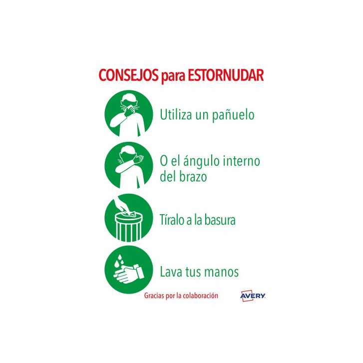 SEÑALES ADHESIVOS PREIMPRESO "CONSEJO PARA ESTORNUDAR" SOBRE DE 2 HOJAS EN A4 AVERY AV_KITCOVID5_ES