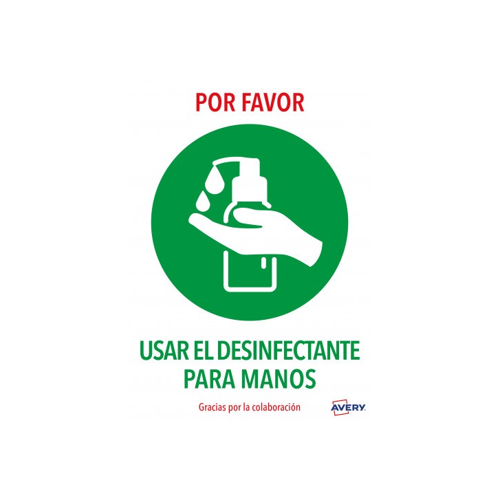 SEÑALES ADHESIVOS PREIMPRESO "USAR DESINFECTANTE PARA LAS MANOS" SOBRE DE 2 HOJAS EN A4 AVERY AV_KITCOVID3_ES
