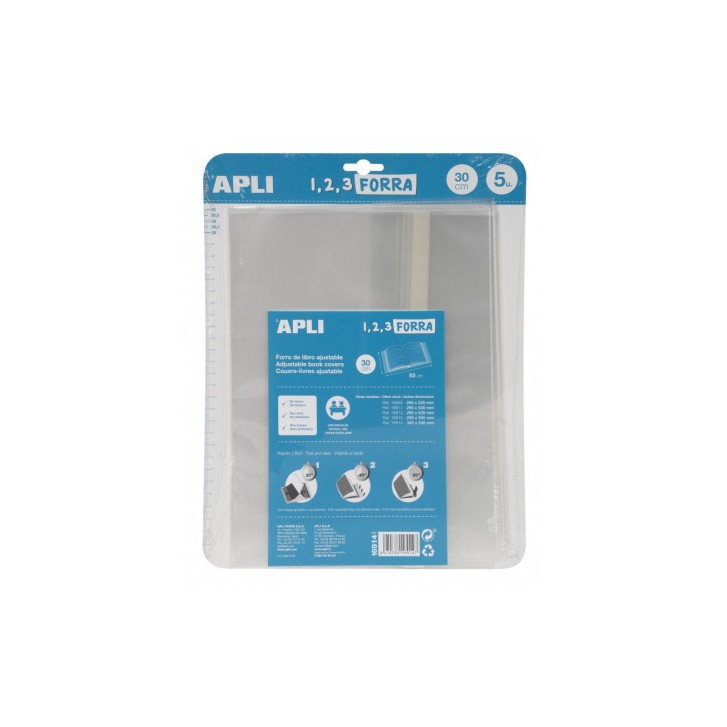BLÍSTER 5 UDS. FORRO DE LIBROS CON SOLAPA AJUSTABLE PP 300 MM APLI 16914