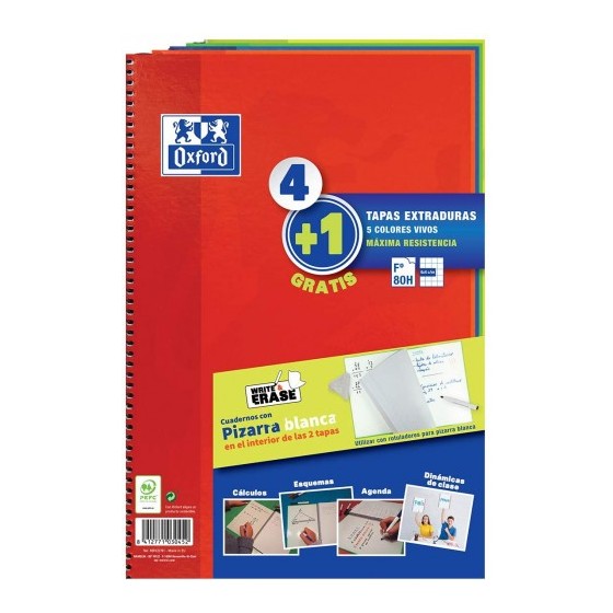 PACK 4+1 CUADERNO ESPIRAL CLASSIC W-E FOLIO 80 HOJAS 4X4 CON MARGEN COLORES VIVOS OXFORD 400122761