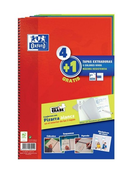 PACK 4+1 CUADERNO ESPIRAL CLASSIC W-E FOLIO 80 HOJAS 4X4 CON MARGEN COLORES VIVOS OXFORD 400122761