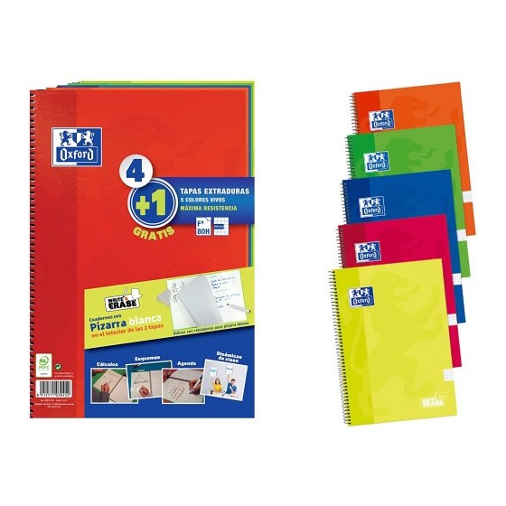 PACK 4+1 CUADERNO ESPIRAL CLASSIC W-E FOLIO 80 HOJAS 4X4 CON MARGEN COLORES VIVOS OXFORD 400122761